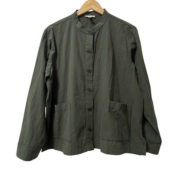 Eileen Fisher Organic Cotton Pucker Shirt Jacket Size L Olive Lagenlook Capsule - Picture 1 of 6